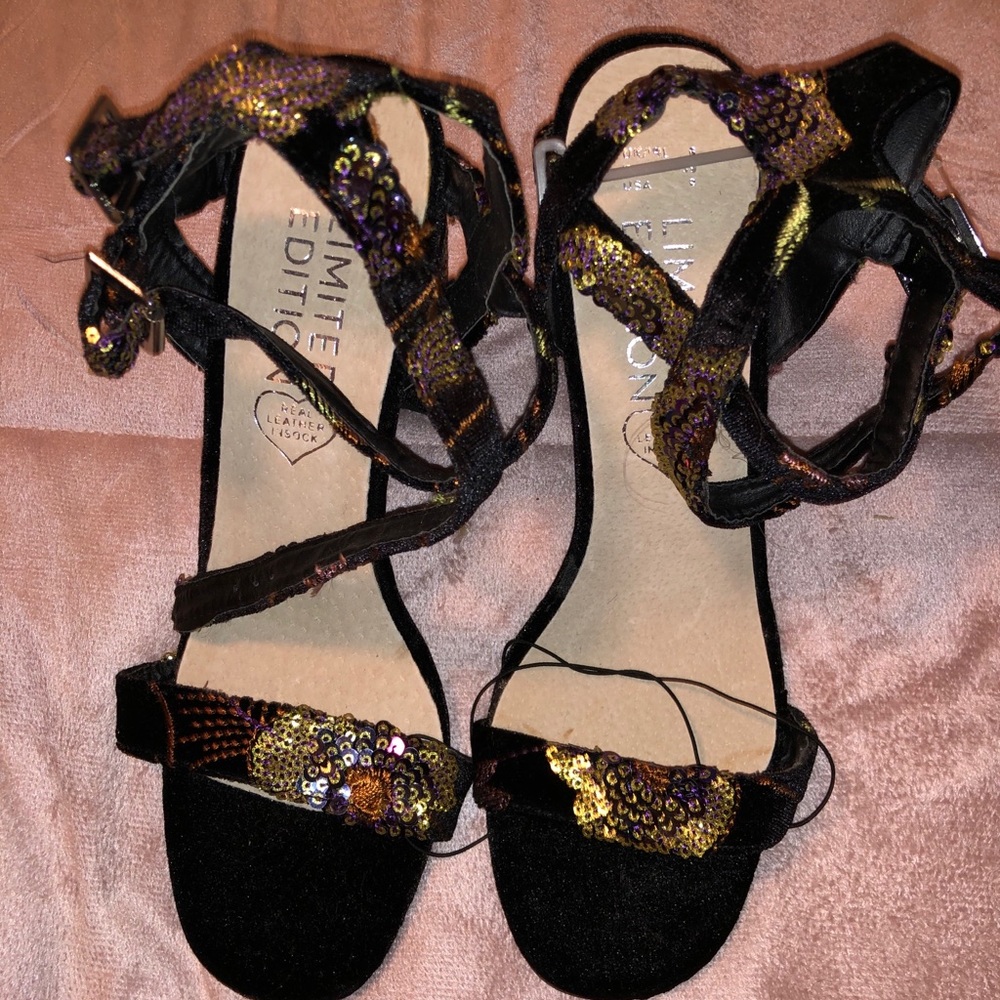 Black velvet & sequin open toe double strap heel